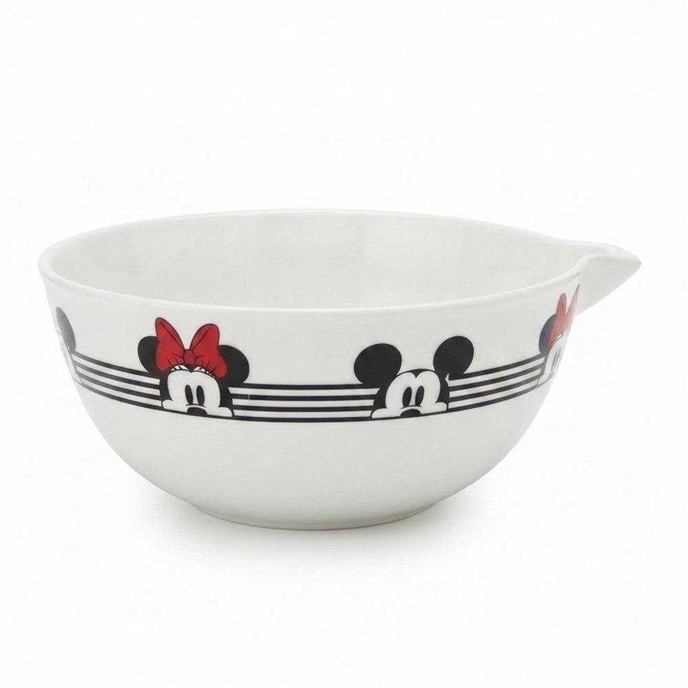 Disney Mickey and Minnie Mouse Ceramic Mixing Bowl with Pour Spout White Stripe